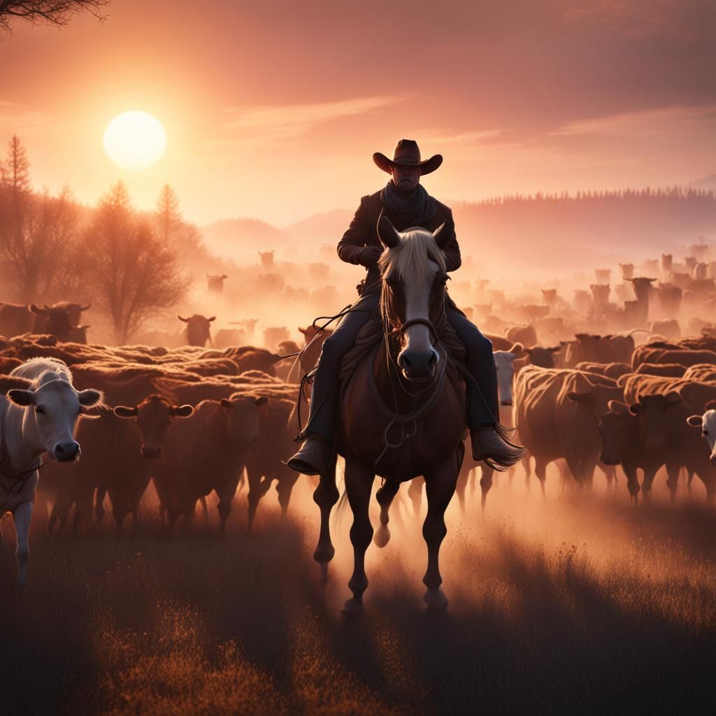 Cowboy Rounds Up Cattle at Dawn: Matte Painting