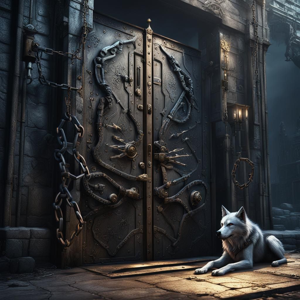 Fenris Wolf Guarding Metal Door: Fantasy Concept Art