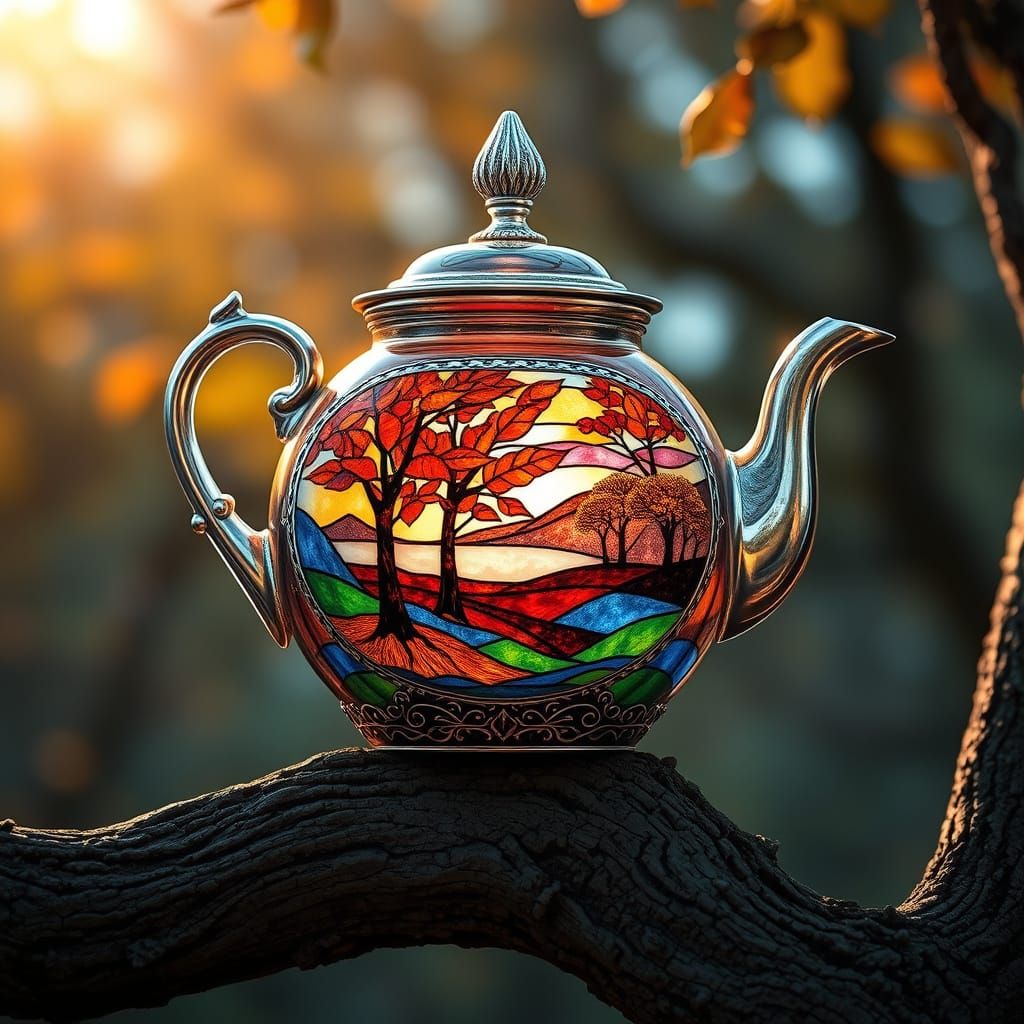 Fantasy Teapot with Fall Landscape Inside, Tiffany Style