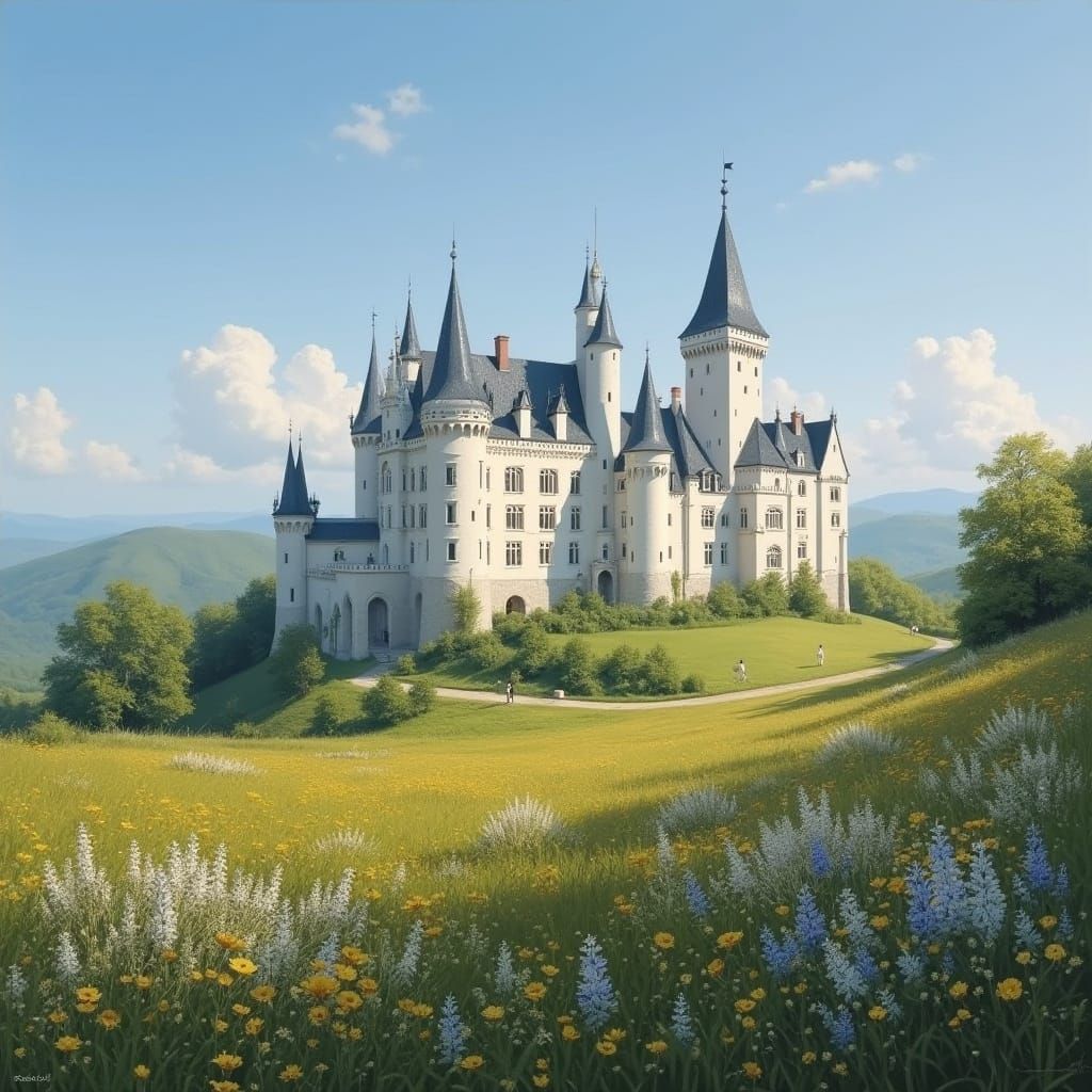 Majestic Castle Surrounded by Fields in Photorealistic Style