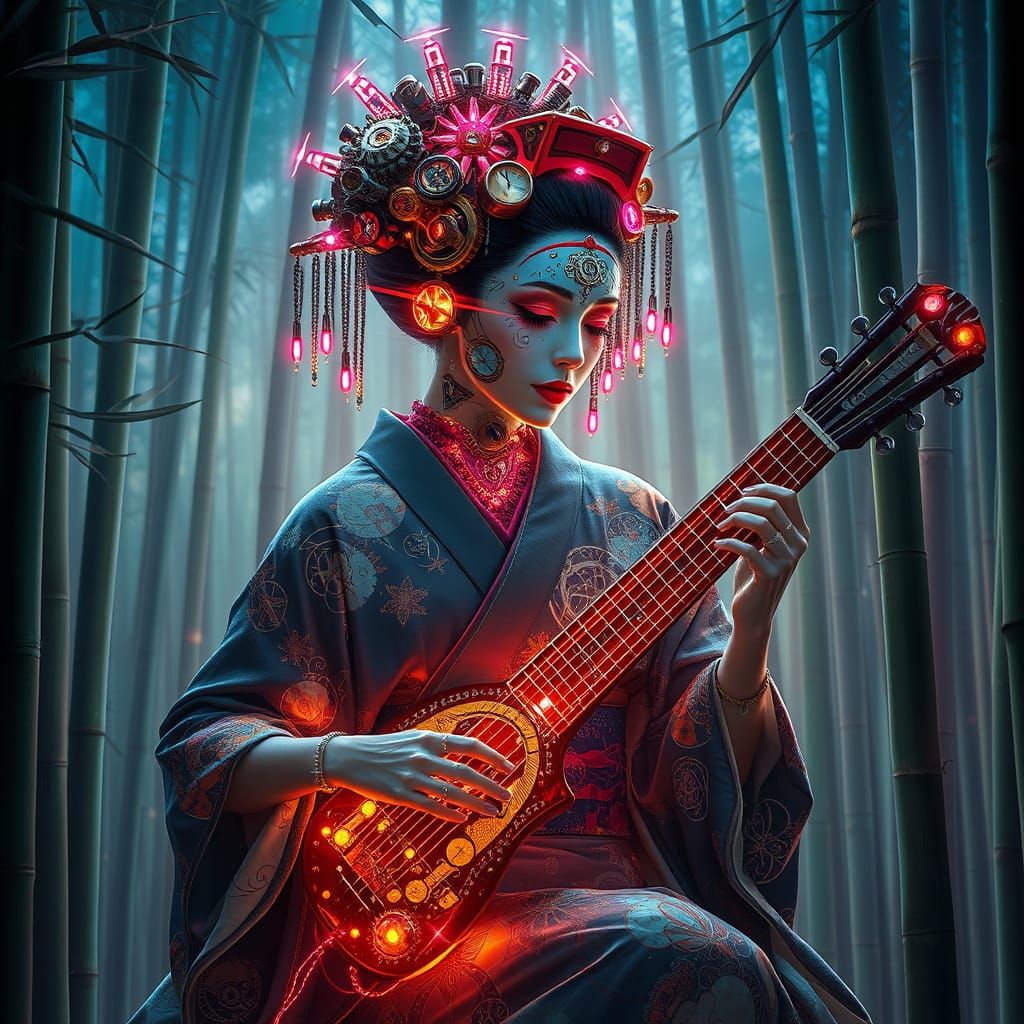 Cybernetic Geisha Playing Bioluminescent Koto in Steampunk A...