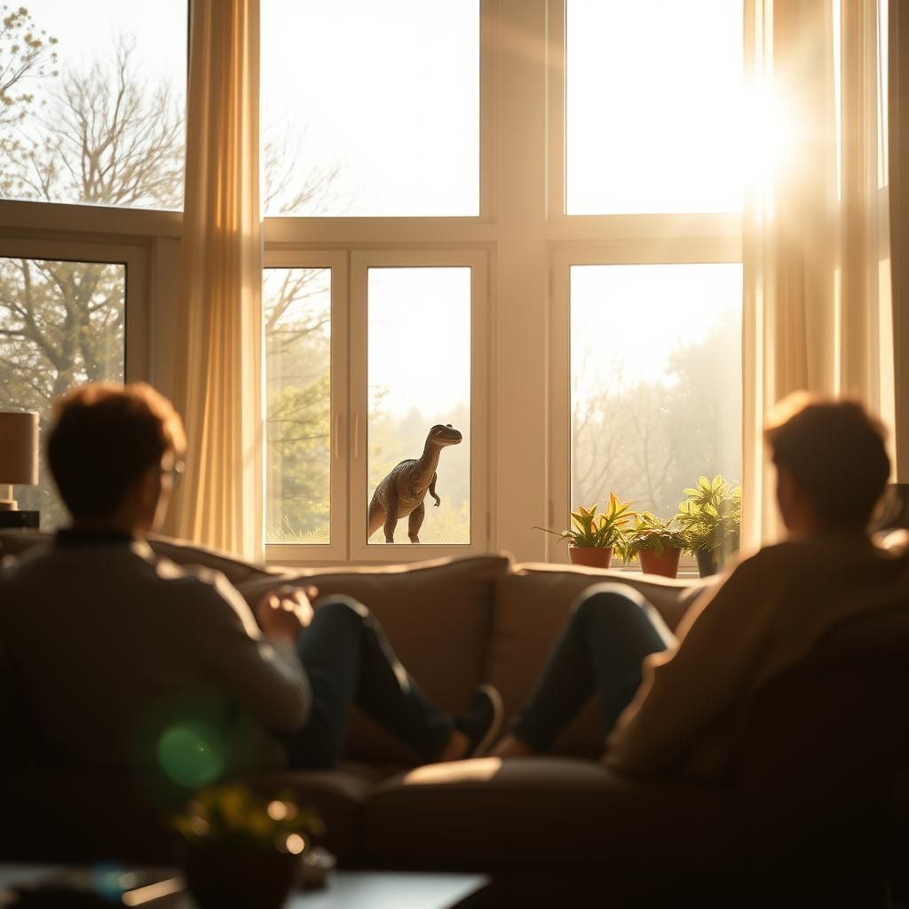 Dinosaur Peeks into Modern Living Room
