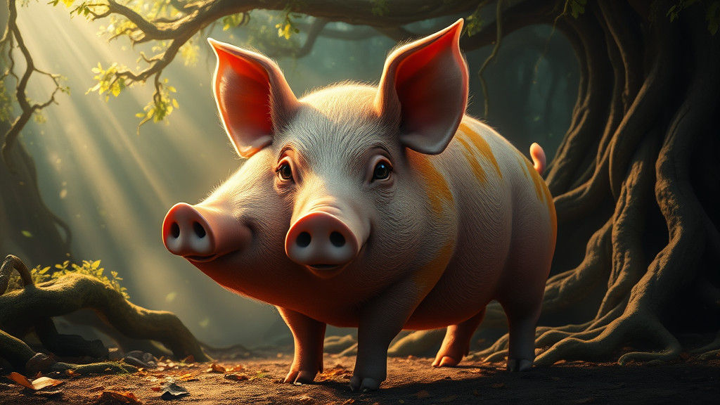 Majestic Pig in Mystical Forest, Hyperrealistic Detail