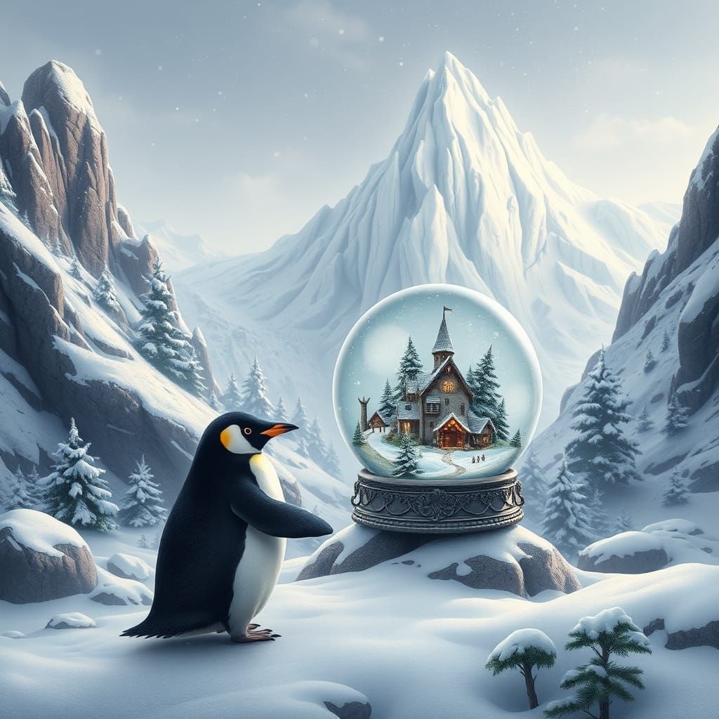 Ice Giant Mountain with Penguin and Snow Globe