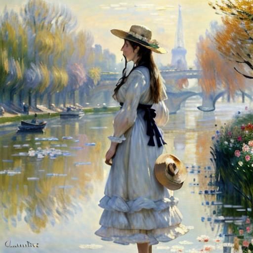 Impressionist painting. Medium shot. A woman standing by the Seine River, gazing into the water. Claude Monet style. Wis...
