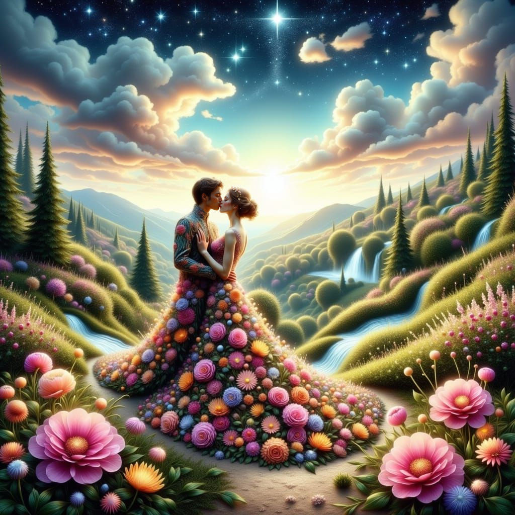 Romantic Floral Mountain Scene in Whimsical Style