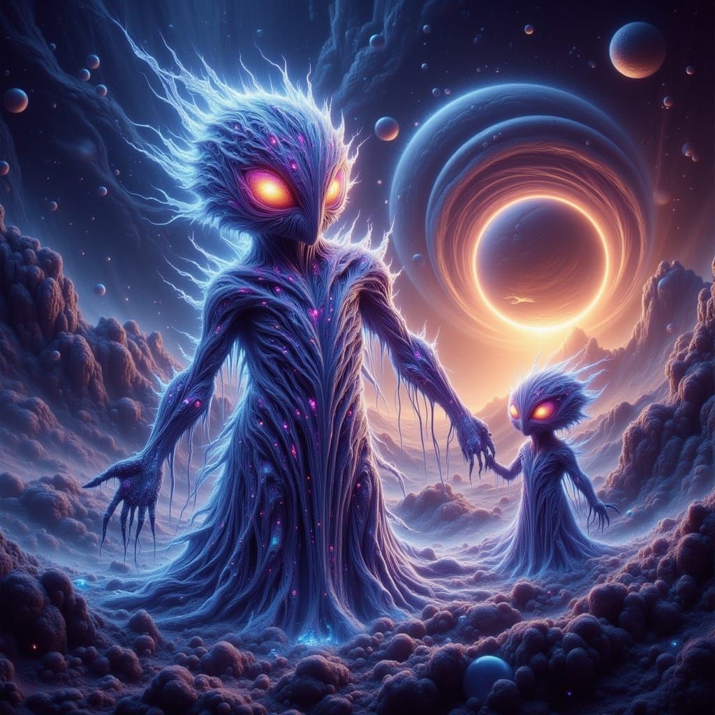 Cosmic Slime Entity Embracing Tiny Counterpart in Vibrant Do...