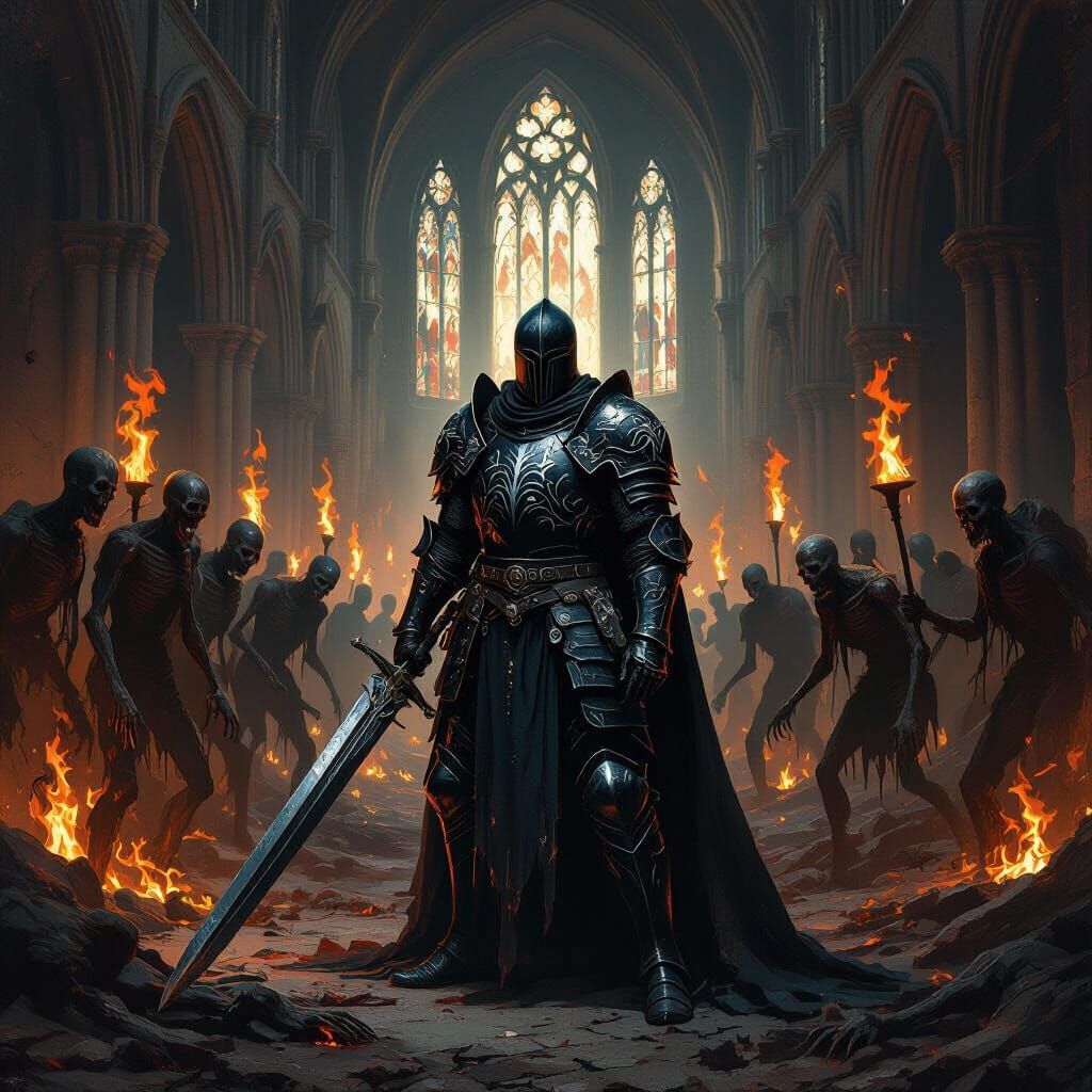 Knight Battles Zombies in Gothic Cathedral, Dark Fantasy Art