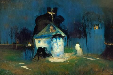 Blue House with Cross in Symbolist Style