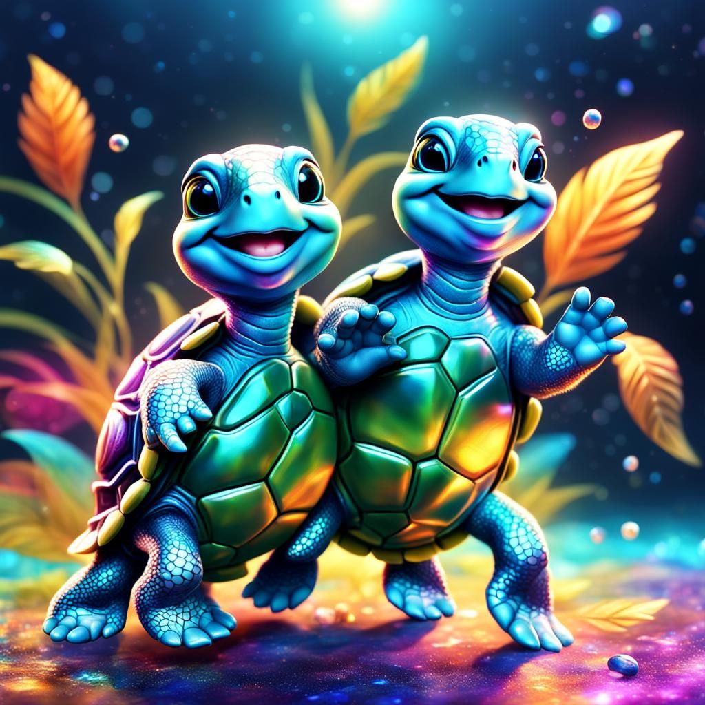 Happy CGI Baby Turtles: Iridescent Cosmic Illustration