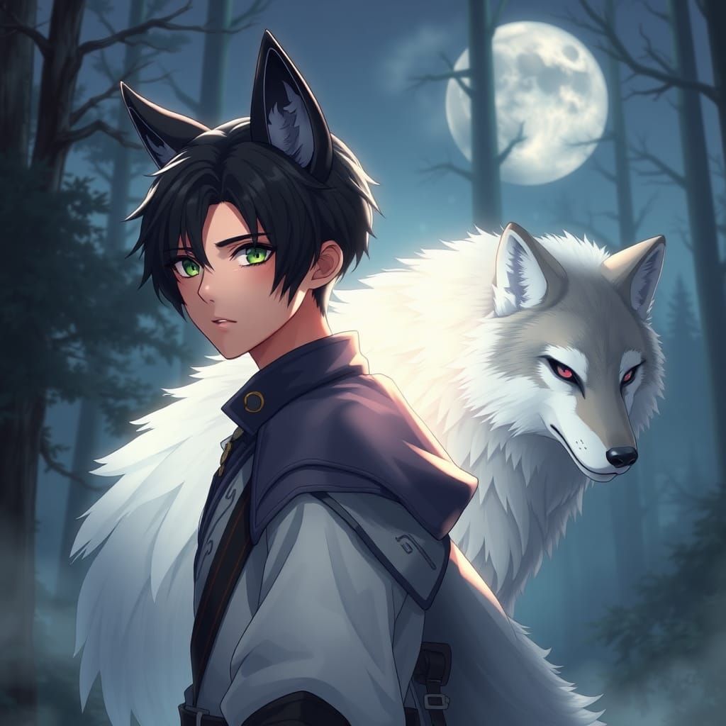 Anime Teen with Wolf Features in Misty Forest