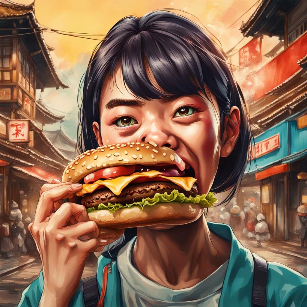 Hyperrealistic Caricature: Young Woman Bites Hamburger in Ja...