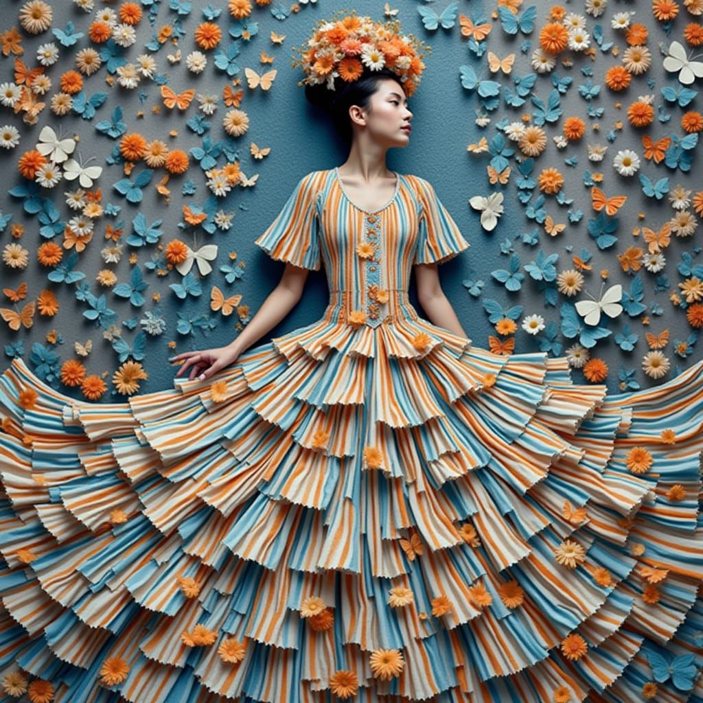 Radiant Woman in Citrus Light Gown with Butterfly Accents