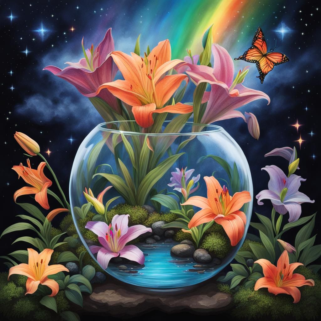 Terrarium with Rainbow Lilies on Storm Cloud