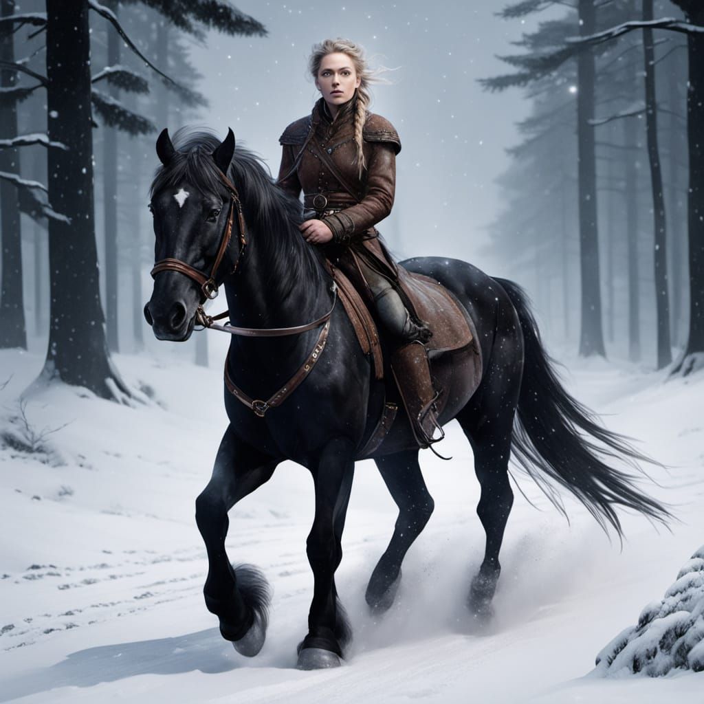 Woman on Horseback in Snowy Forest, 90s Photography