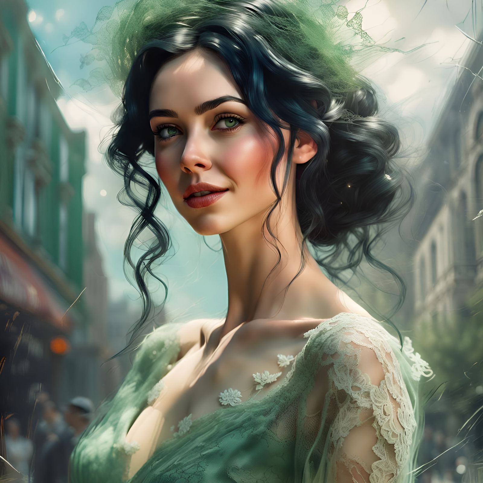 Gorgeous Bride in Green Dress: 3D Digital Art