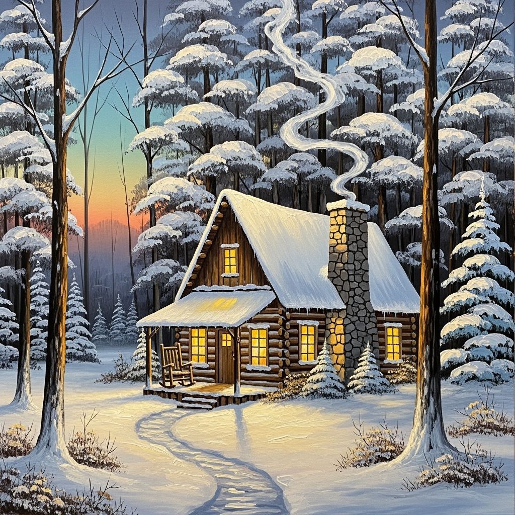 Snowy Cabin in Forest as Bob Ross Oil Painting