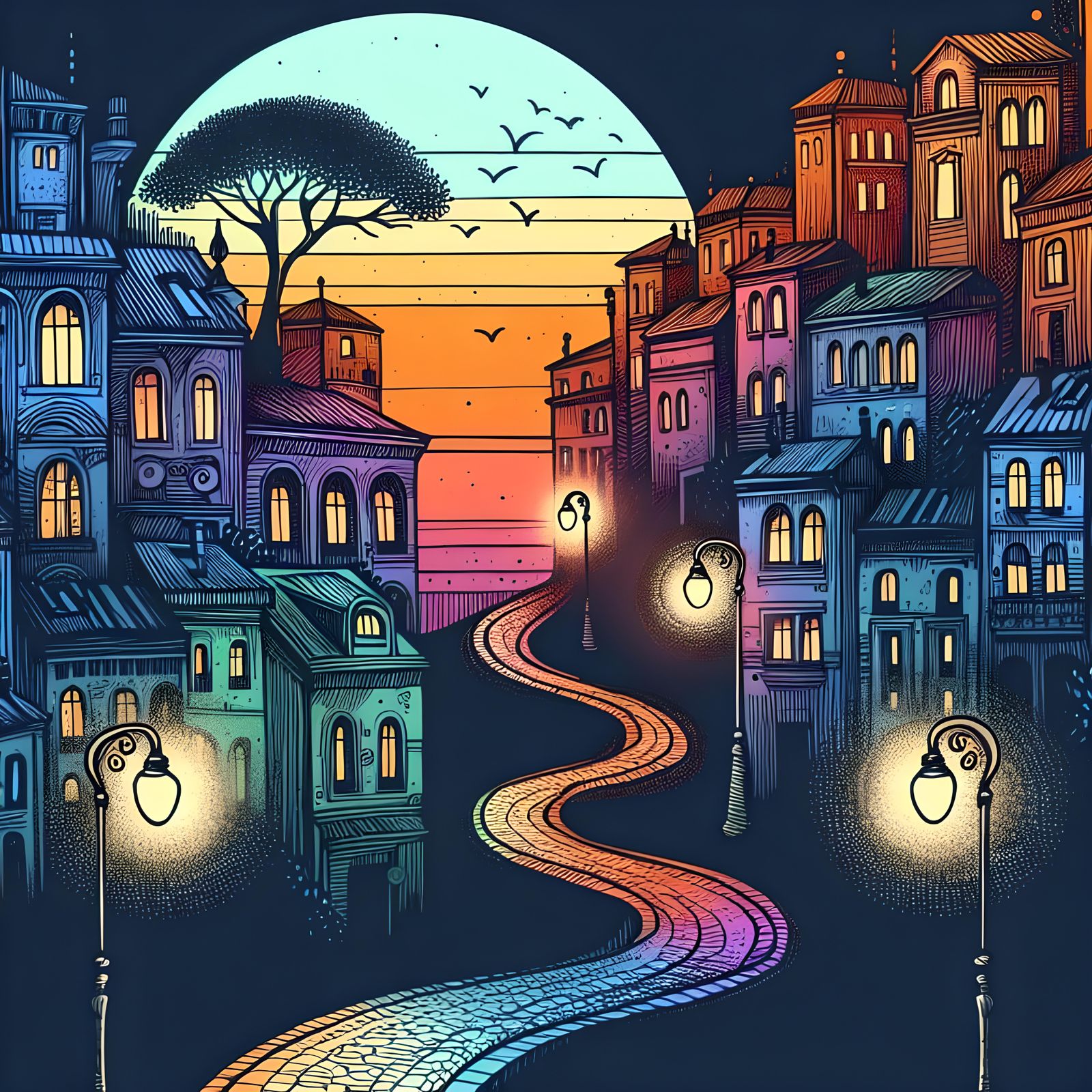 Whimsical Hand-Drawn City Street at Sunset