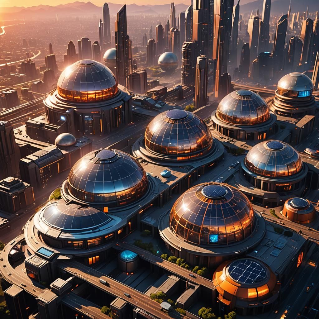 Futuristic Sci-Fi Cityscape with Domes and Solar Panels