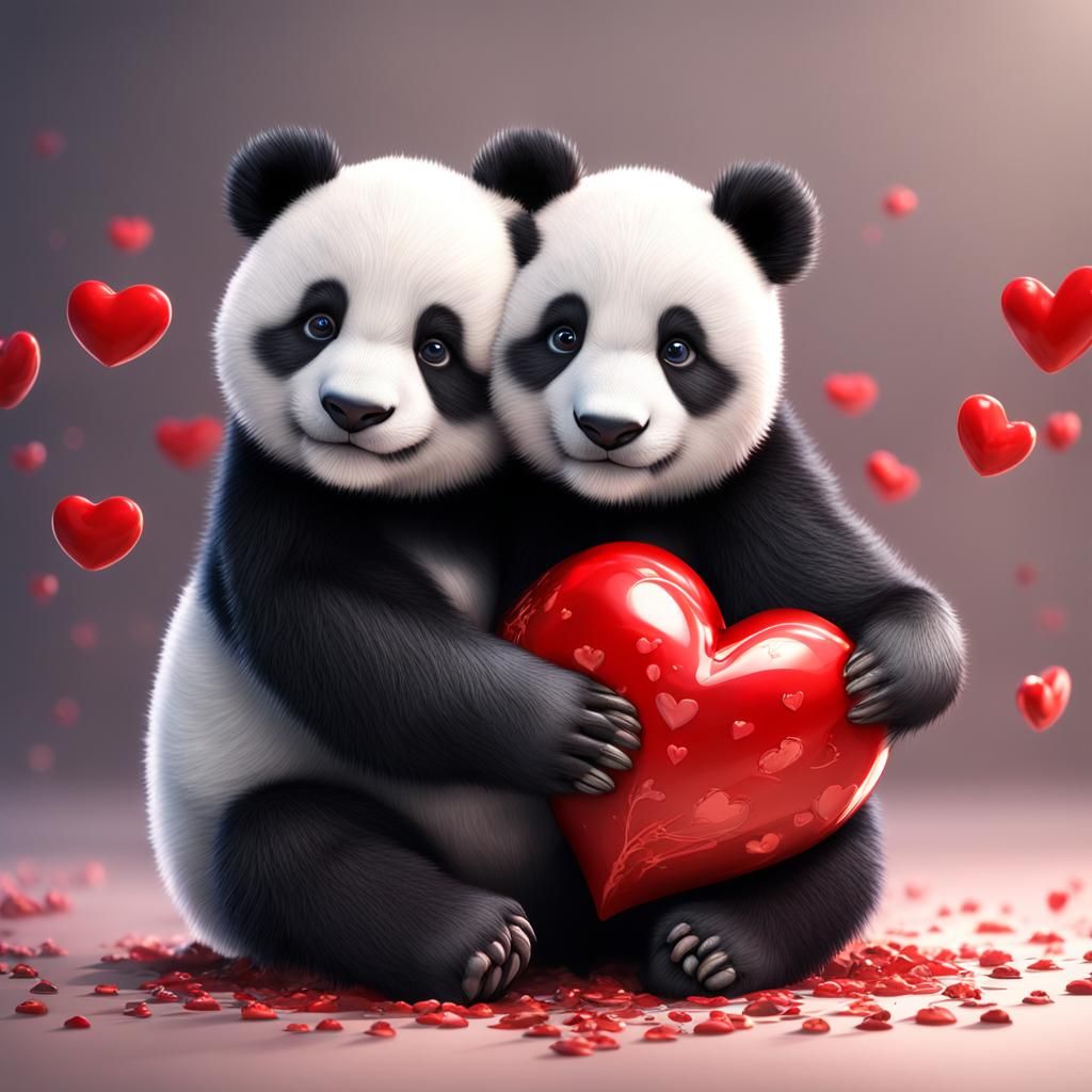 Cute Panda Bears Holding Heart: Hyperrealistic Art