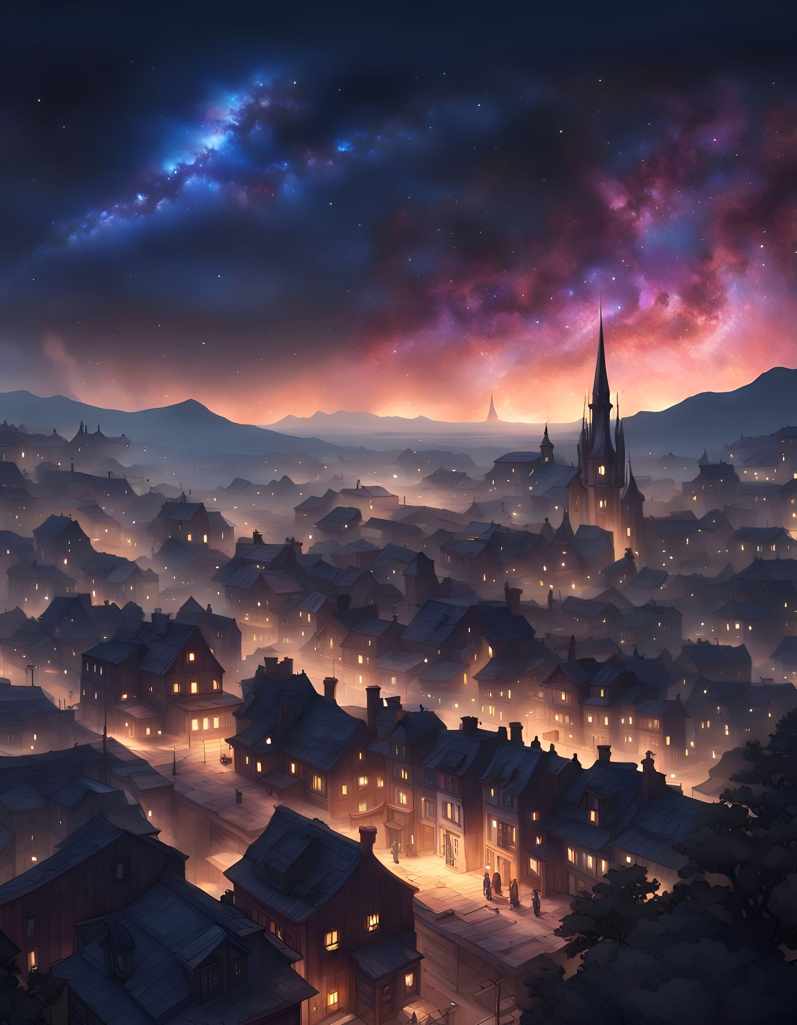 Night Town Silhouette Under Milky Way Galaxy