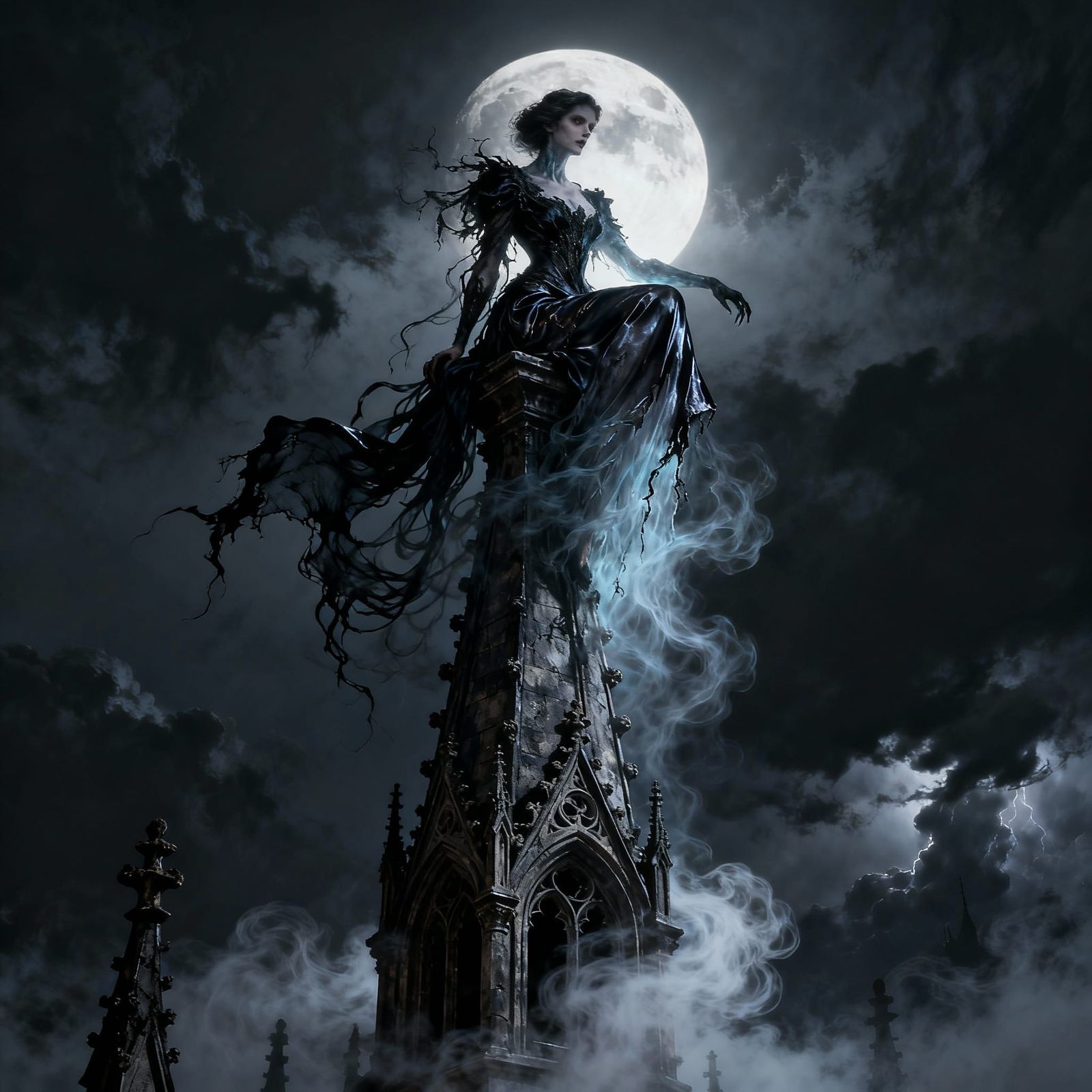 Shadow Noblewoman on Gothic Spire in Moonlight