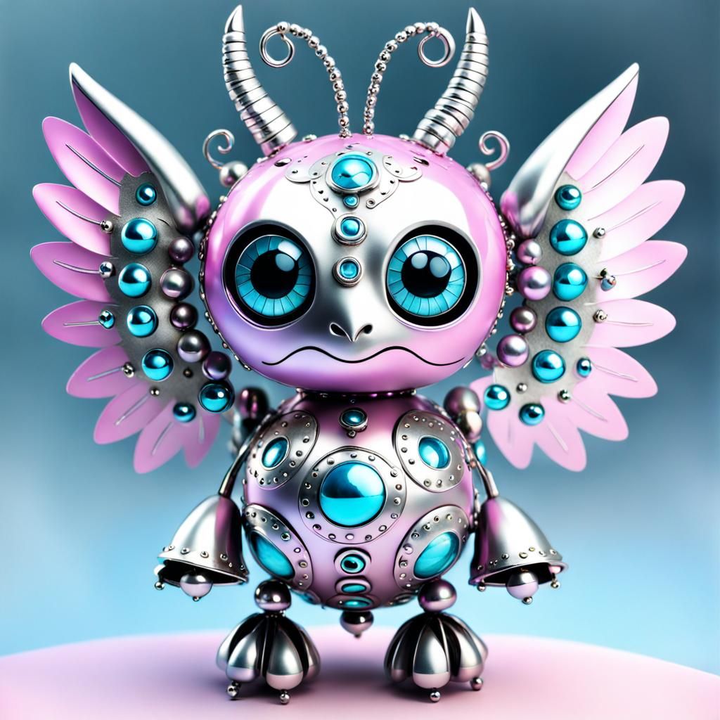 Pink and Silver Bell Creature with Blue Eyes