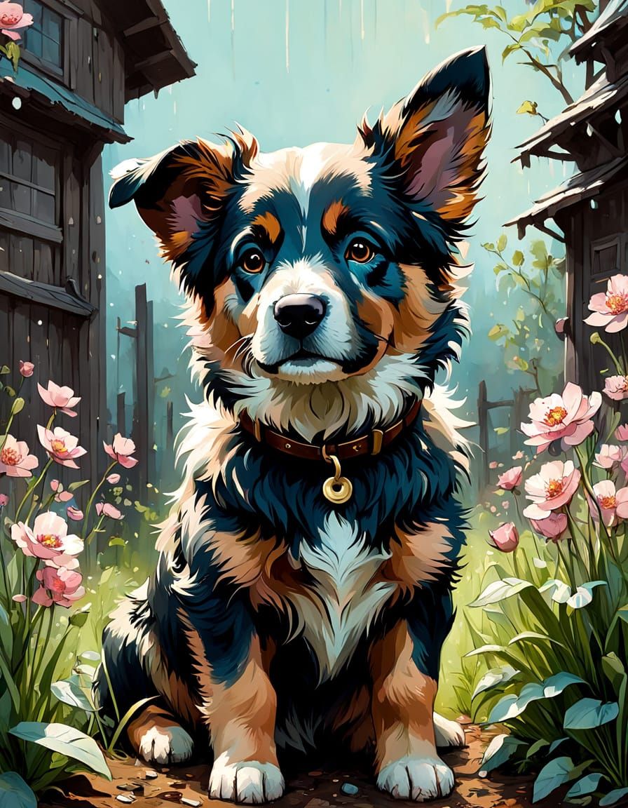 Adorable Farm Shepherd Puppy in Floral Spring