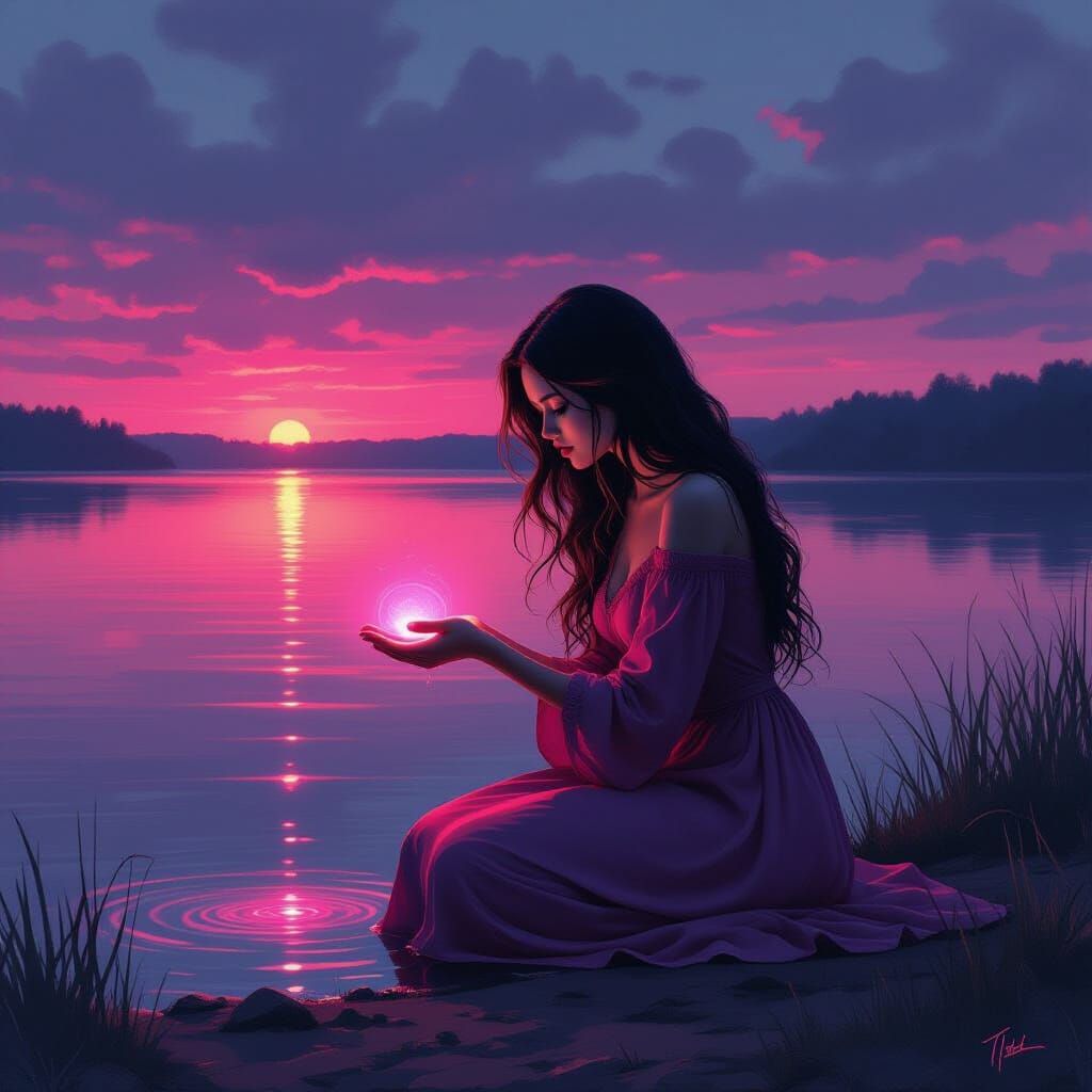 Woman at Twilight Lake with Pink Sunset Glow