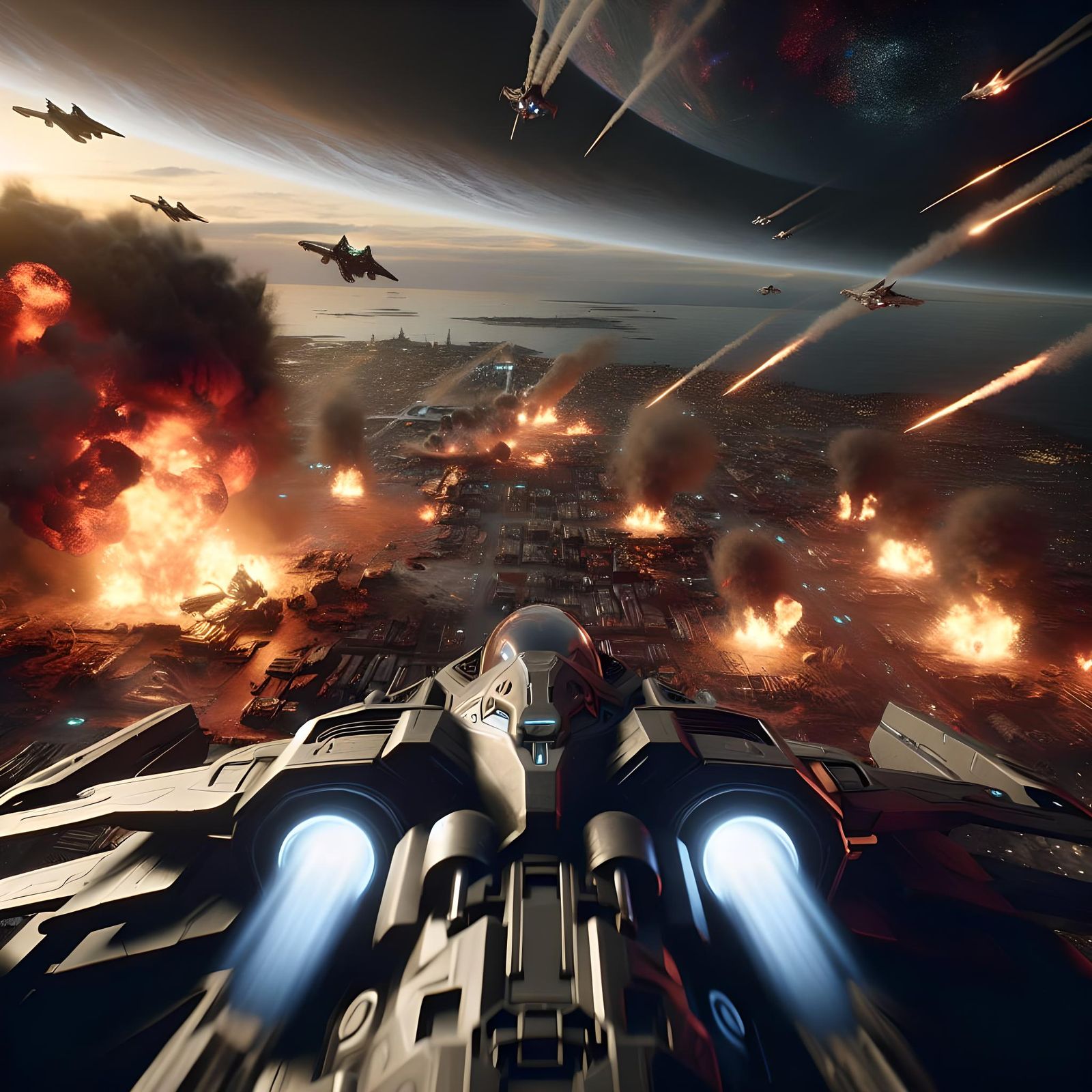 Futuristic Spacecraft Battle Over Burning City