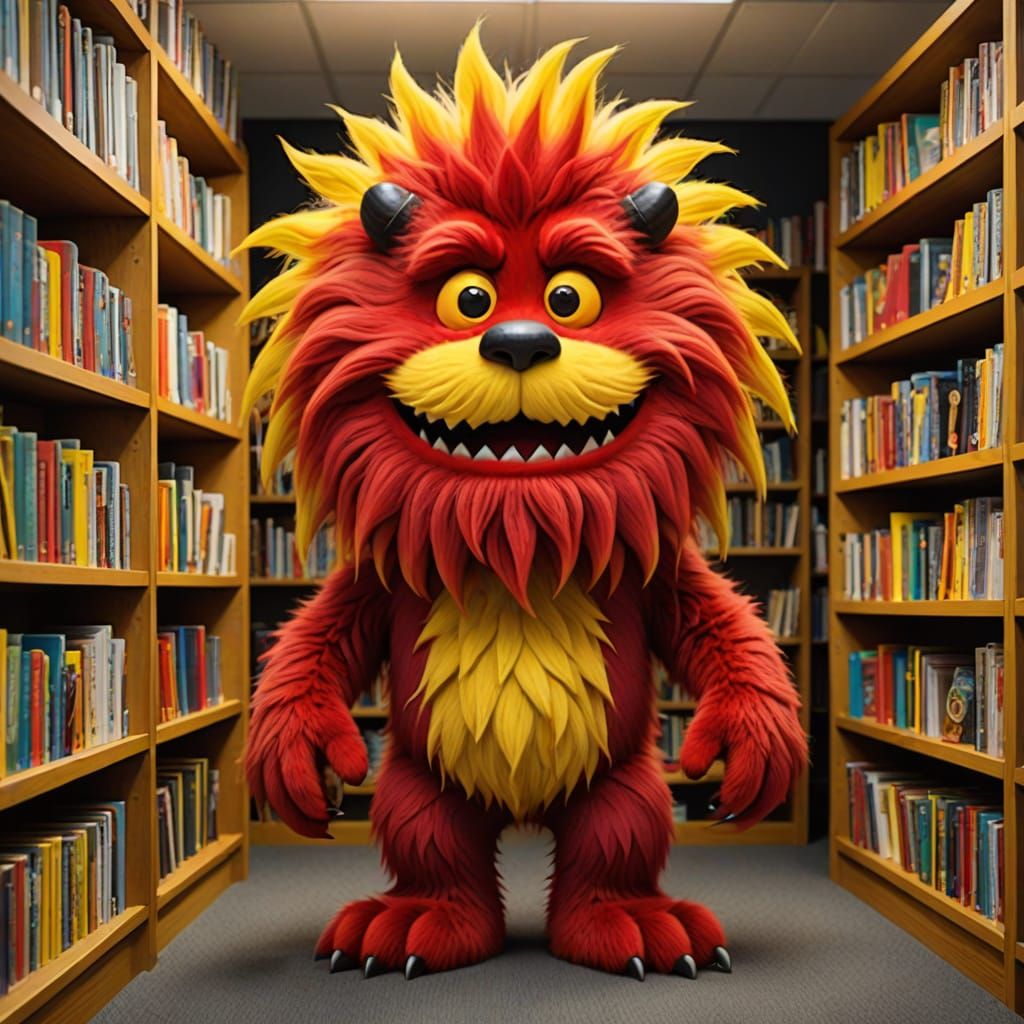 Whimsical Dr. Seuss Monster Stands in Vibrant Red Yellow Lib...