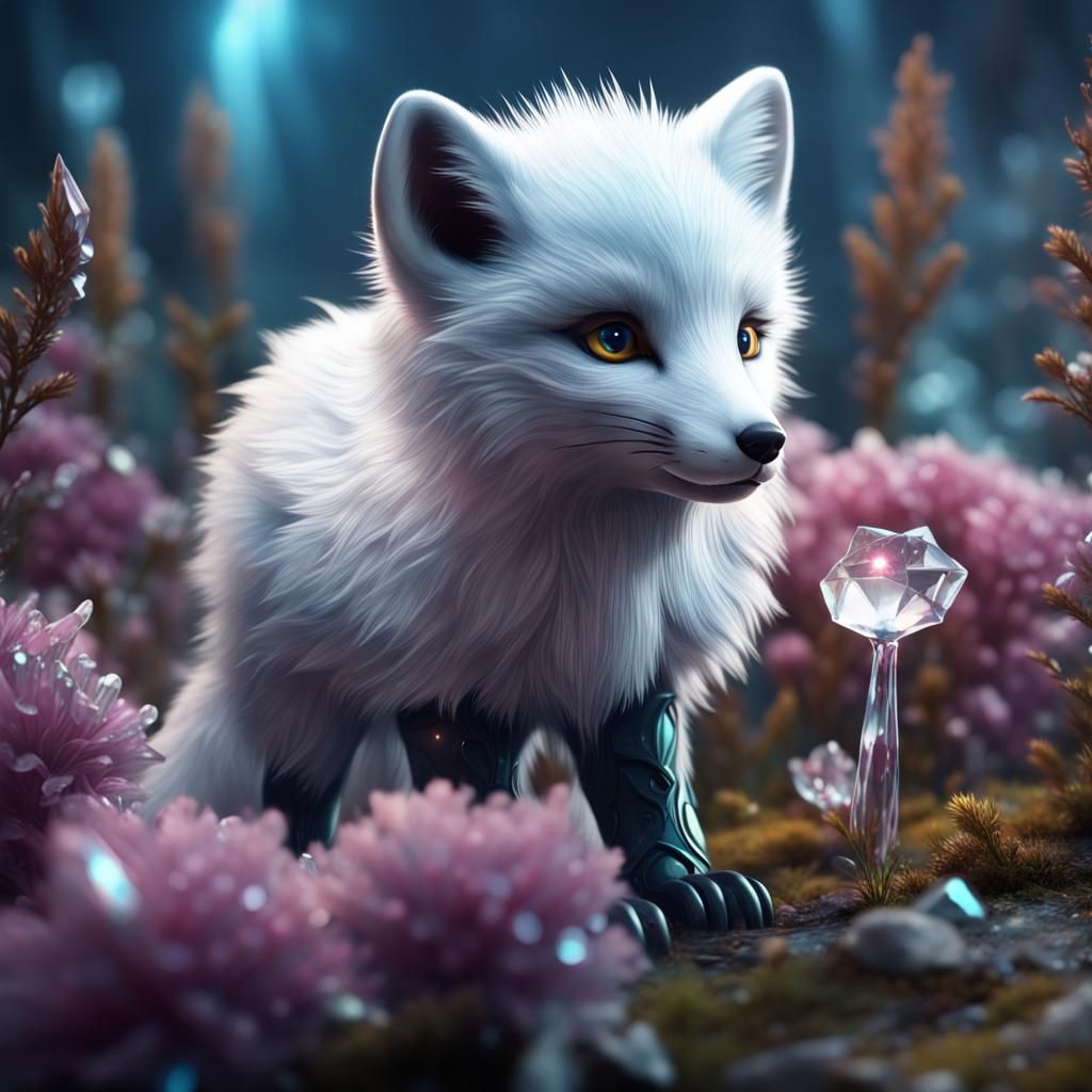 Arctic Fox Cub and Crystal Flower: Detailed Matte Painting