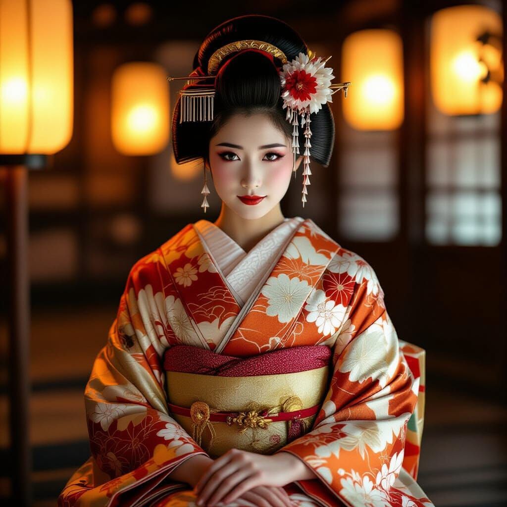Elegant Geisha in Traditional Kimono Under Lantern Light