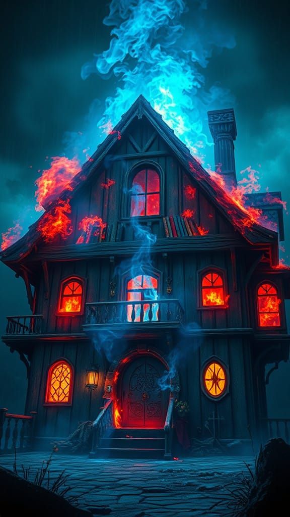 Ancient, Magical House Engulfed in a Fierce, Blue-Lit Infern...