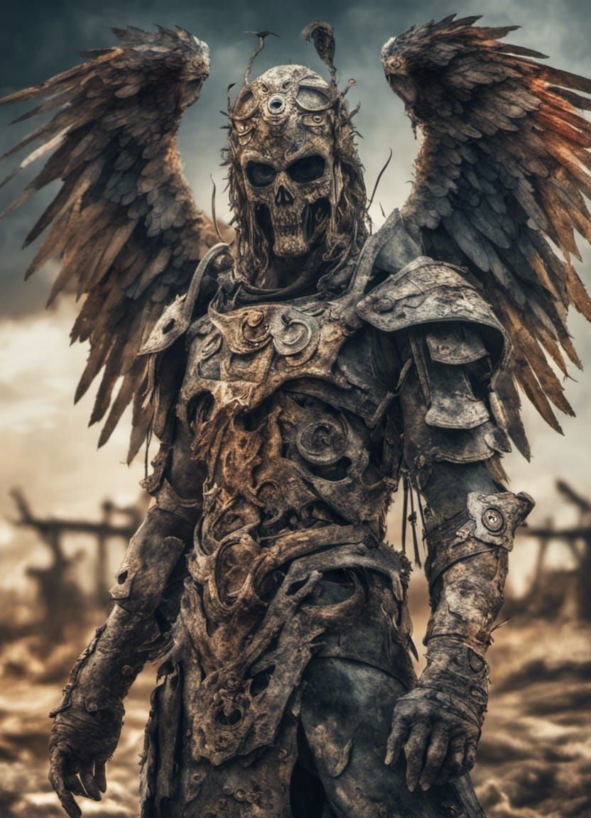 Angelic Warrior in Post-Apocalyptic Landscape