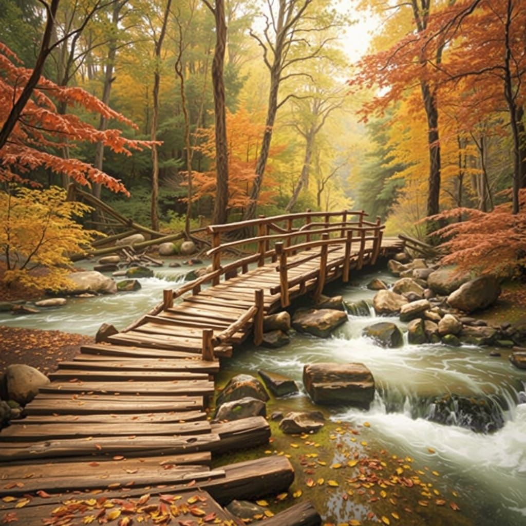 Rustic Autumn Bridge Scene in a Forest Landscape