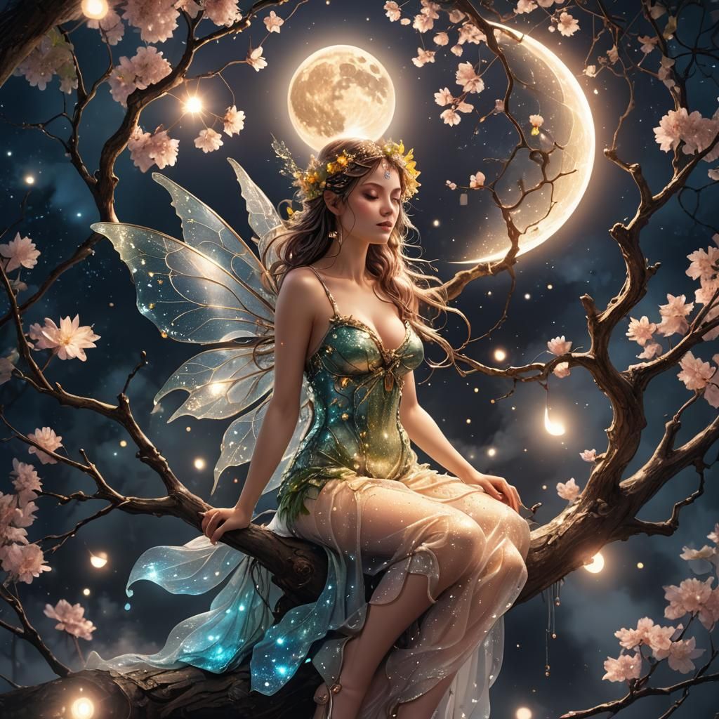 Summer Fairy on Branch at Night