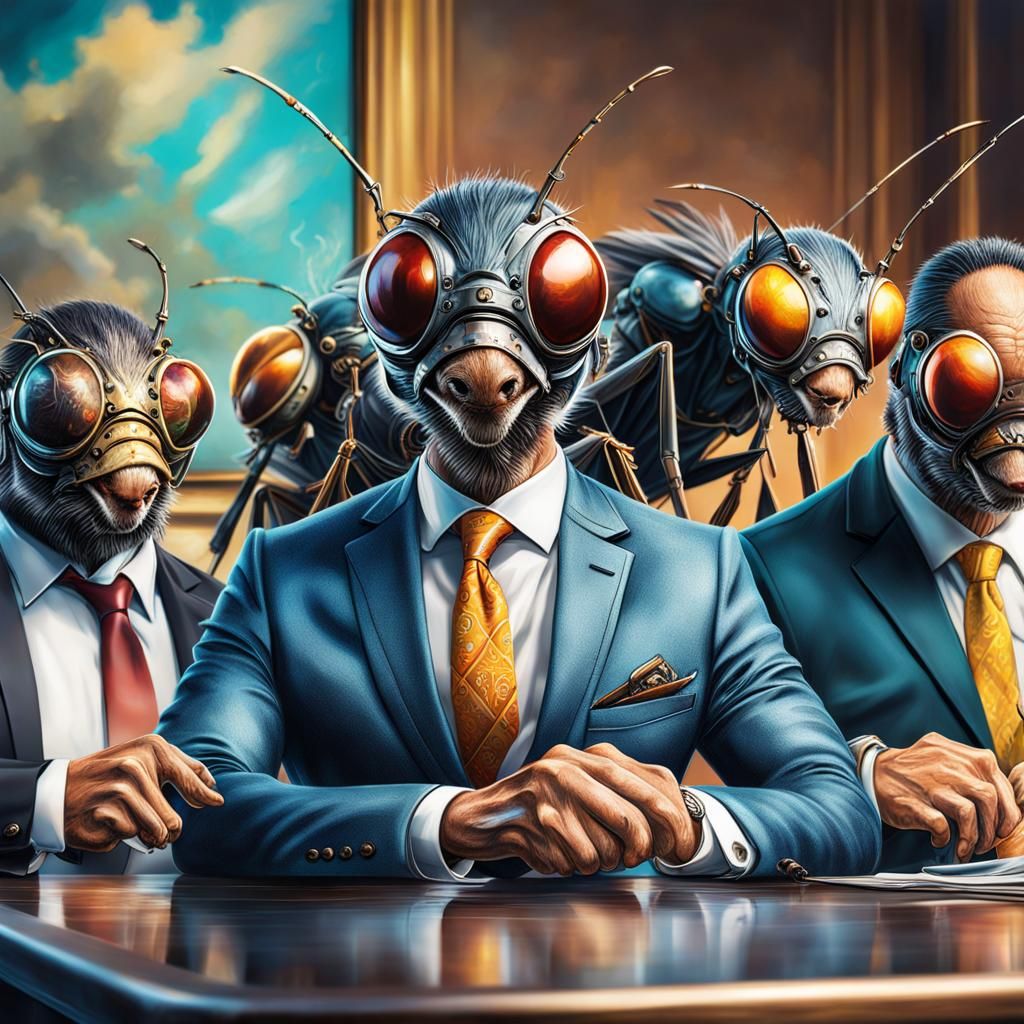 Hyperrealistic Flies in Suits Having a Meeting