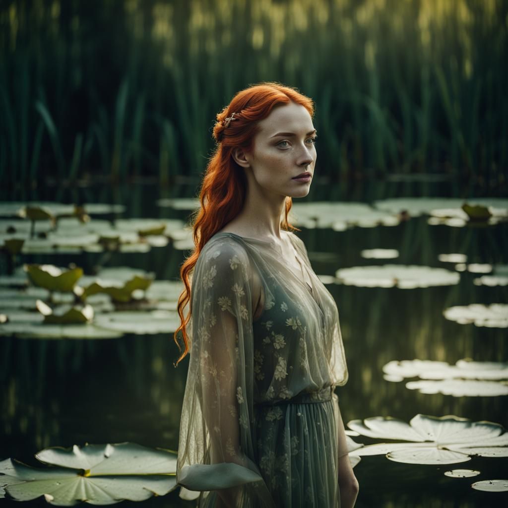 Red-Haired Nymph in Lily Lake: Cinematic Portrait