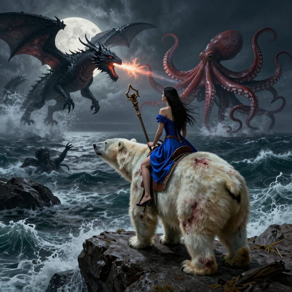 Sorceress Rides Polar Bear To Watch Epic Dragon vs Kraken Ba...