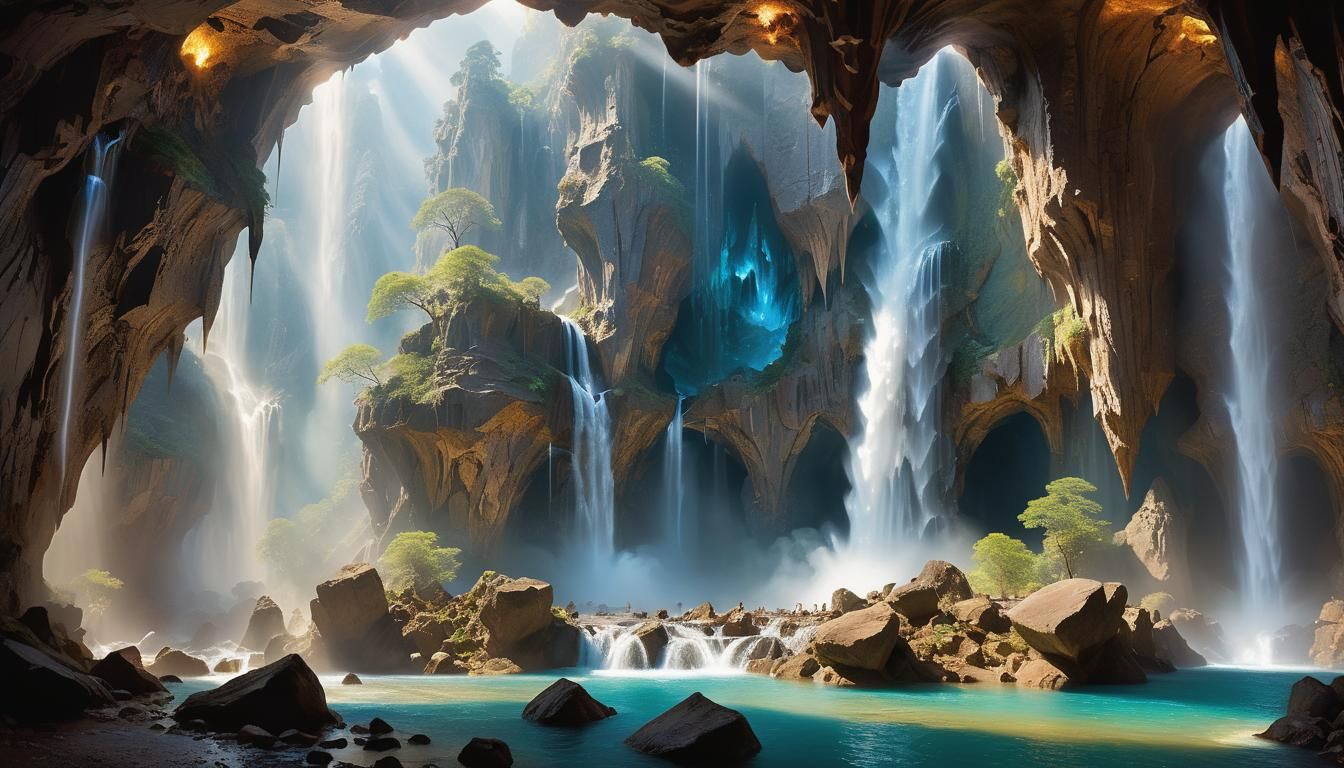 Fantasy Cavern: Gigantic Waterfall with Crystalline Formatio...