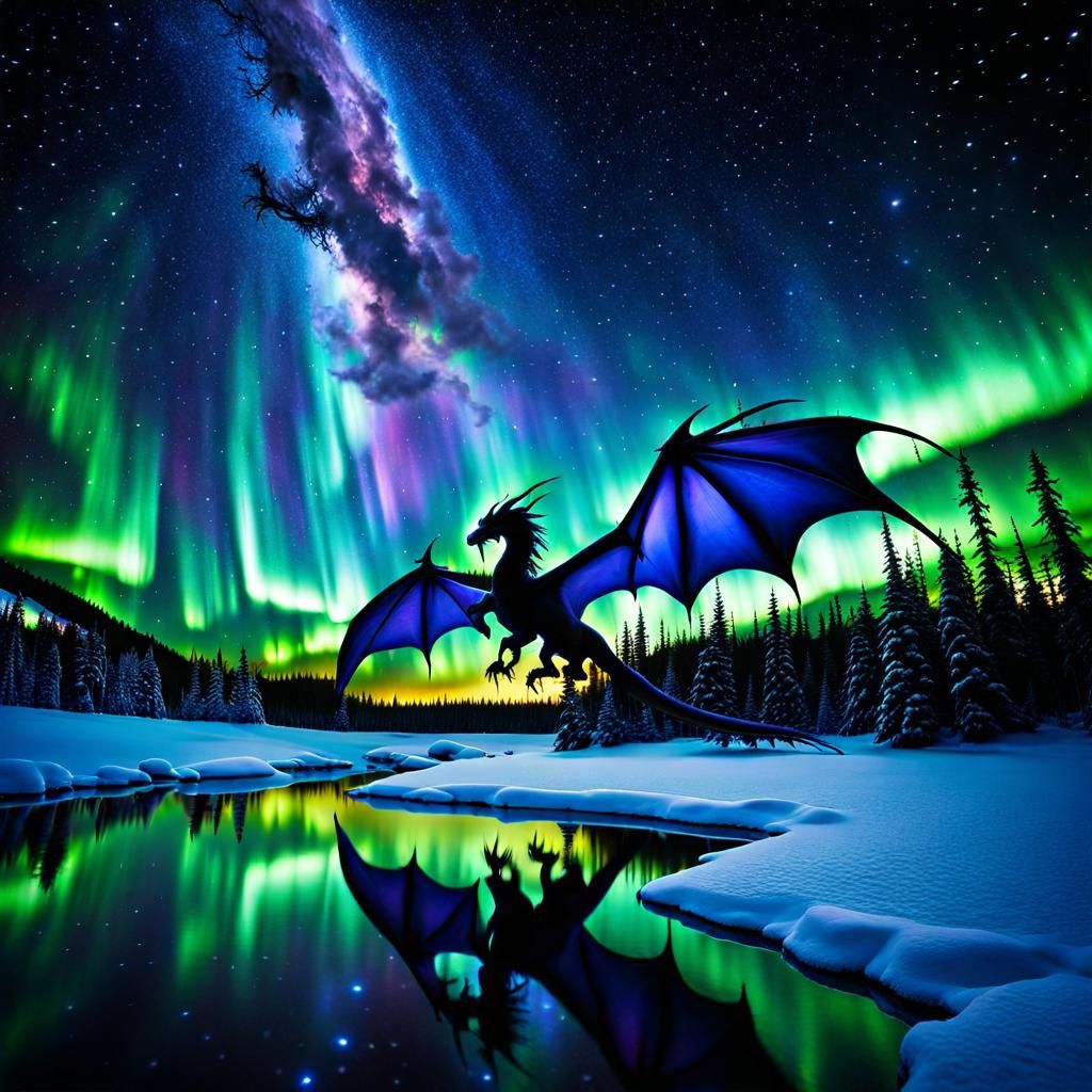 Mythical Dragon Soaring Under Northern Lights