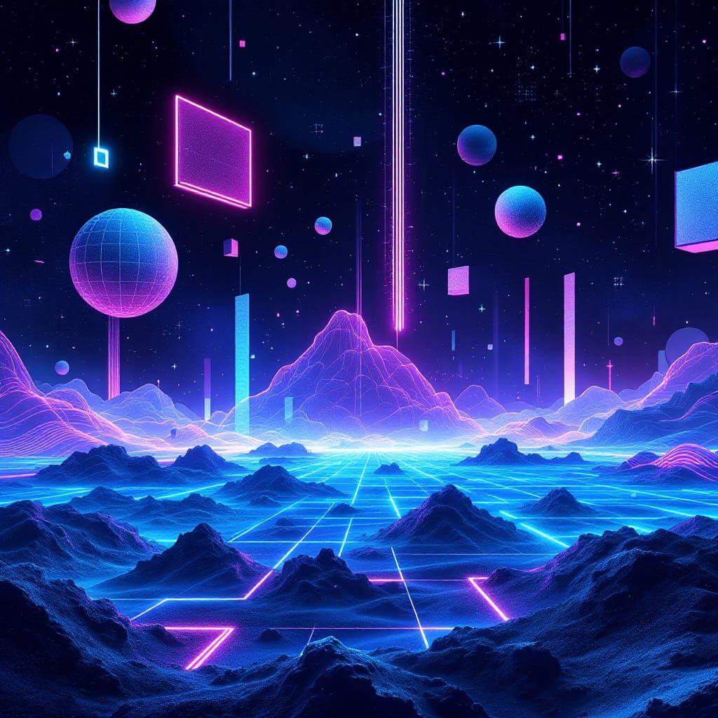 Electric Abstract Digital Landscape with Geometric Shapes