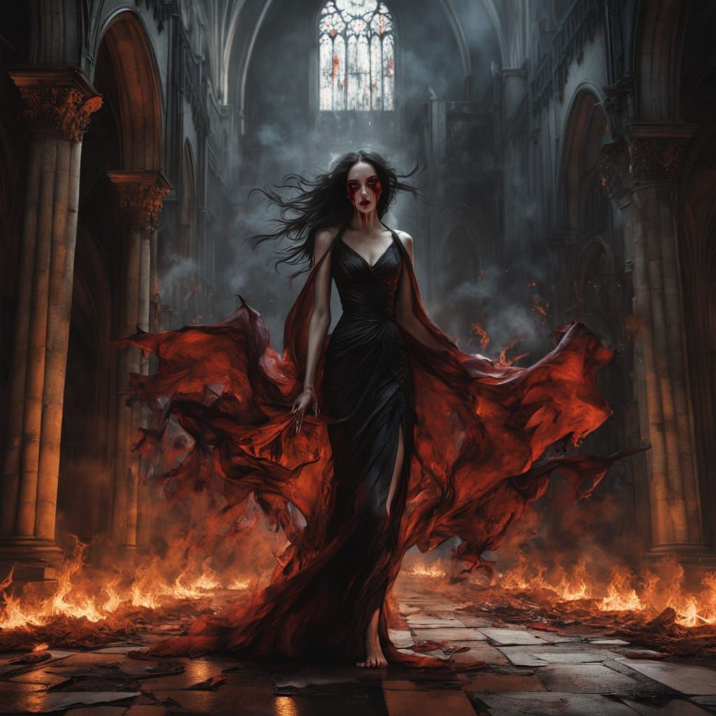 Ethereal Woman in Ruins of Burning Cathedral