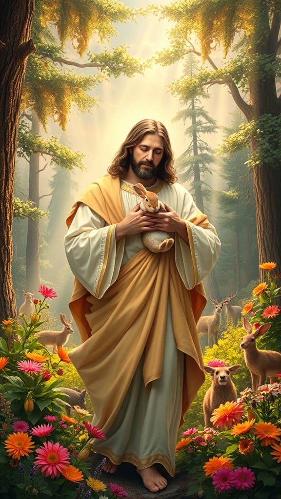 Jesus Surrounded by Heavenly Creatures in Illuminated Paradi...