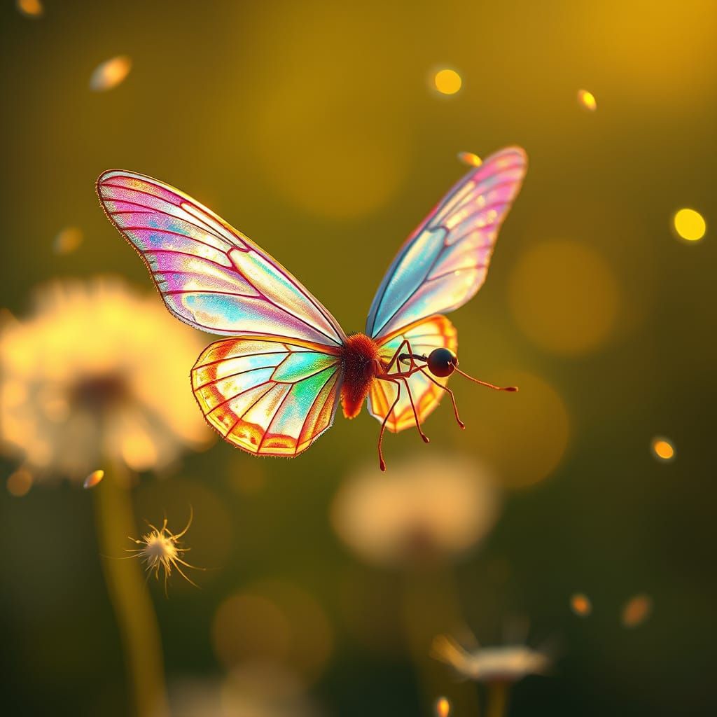 Ethereal Butterfly in Whirling Dandelion Seeds and Fireflies