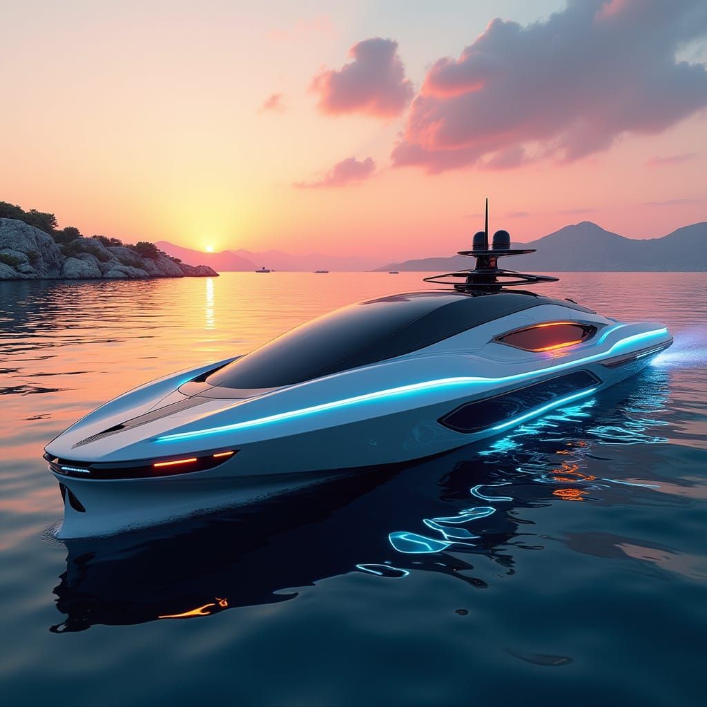 Futuristic Yacht Sailing in Greek Waters at Sunset