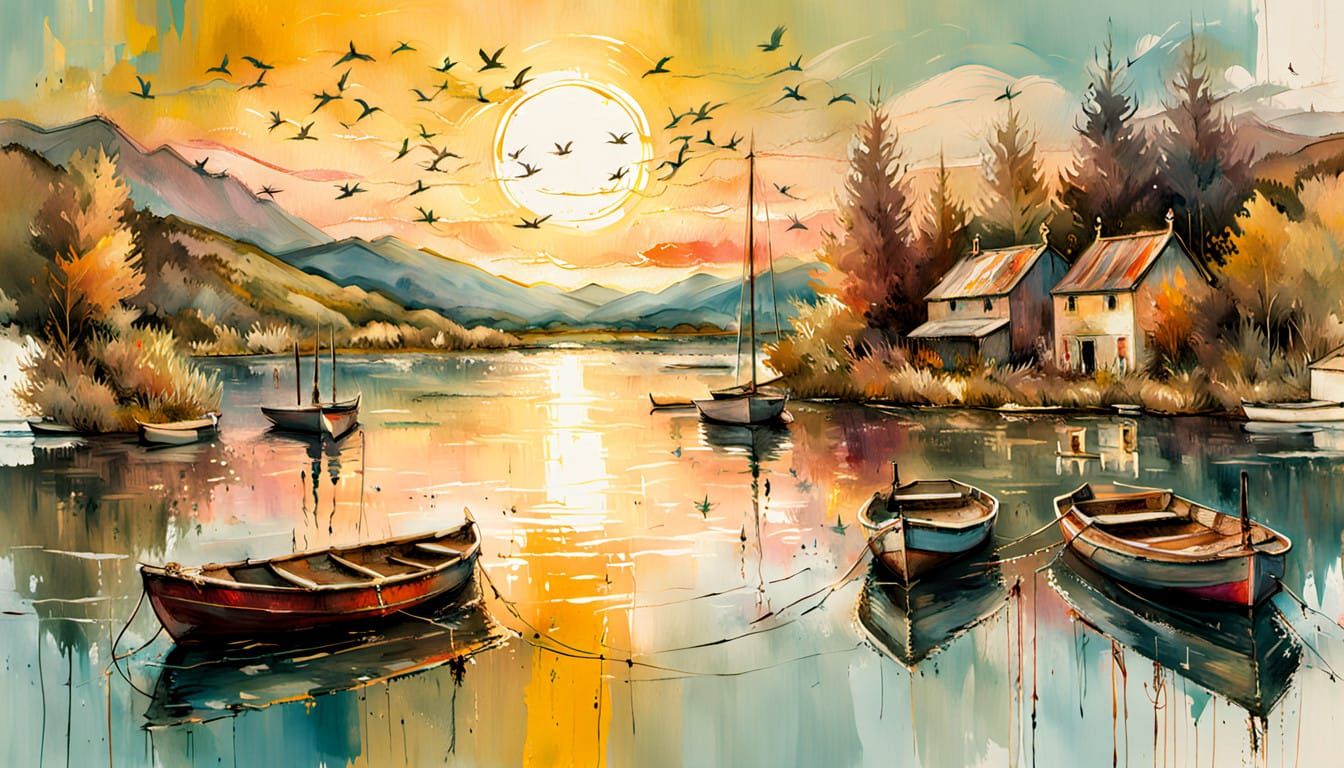 Surreal Sunset Lake Scene in Impressionistic Style