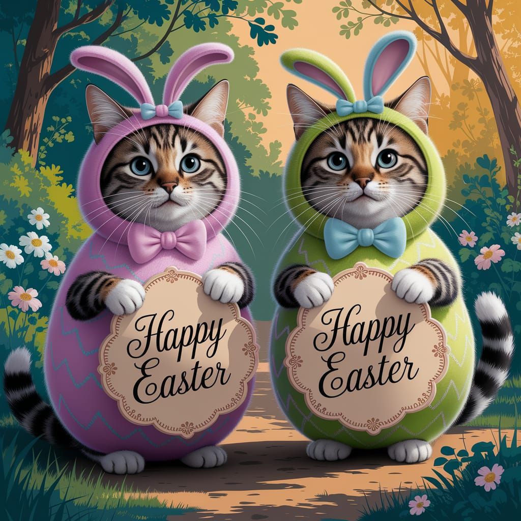 Whimsical Cats Celebrate Easter in Vibrant Forest