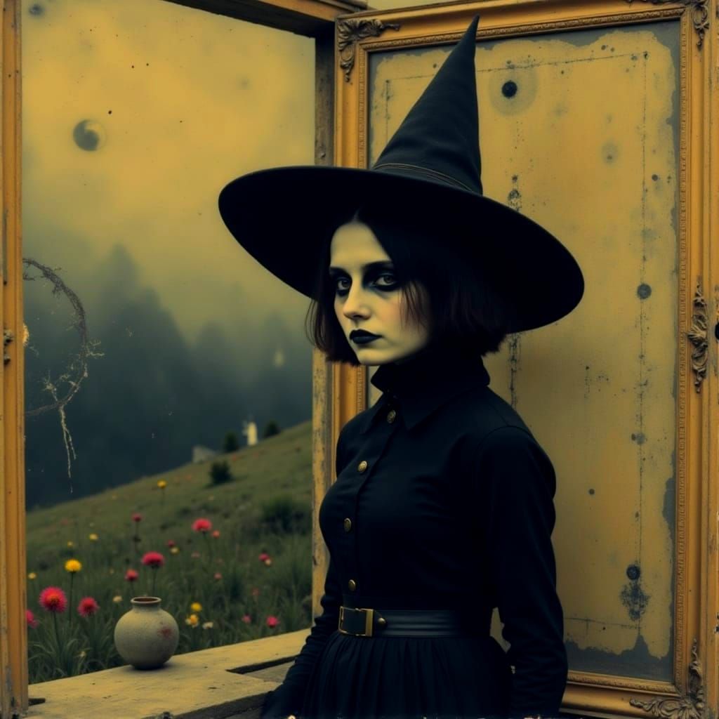 Gilded Frame Witch Portrait with Dark Atmospheric Background